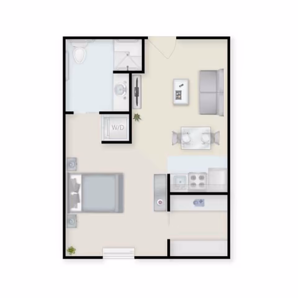 Top-down one-bedroom apartment floor plan showing a bedroom, bathroom, kitchen, living/dining area and a W/D closet.