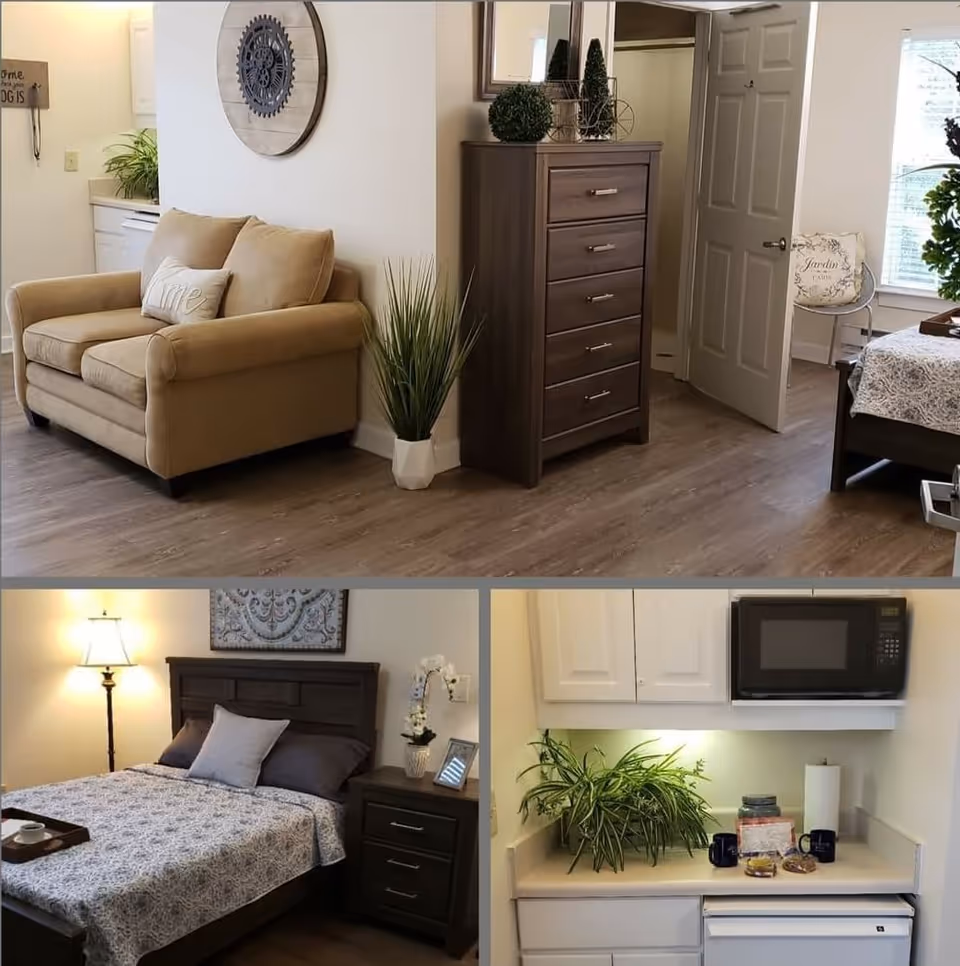 A collage of three images showing interior spaces of a senior living community unit. The top image shows a cozy living area with a beige loveseat, a wooden chest of drawers, a potted plant, and a glimpse of a bed and chair in an adjoining room. The bottom left image shows a bedroom with a dark wooden bed frame, a patterned bedspread, a bedside table with a lamp, and a decorative wall piece. The bottom right image shows a small kitchen area with white cabinets, a microwave, a mini fridge, a countertop with a potted plant, two mugs, and some snacks.