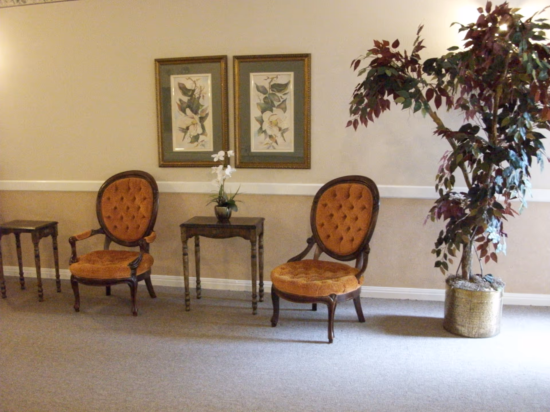 A sitting area with two vintage-style upholstered chairs in a burnt orange color, two small wooden side tables, a potted artificial tree, and two framed botanical prints on the wall.
