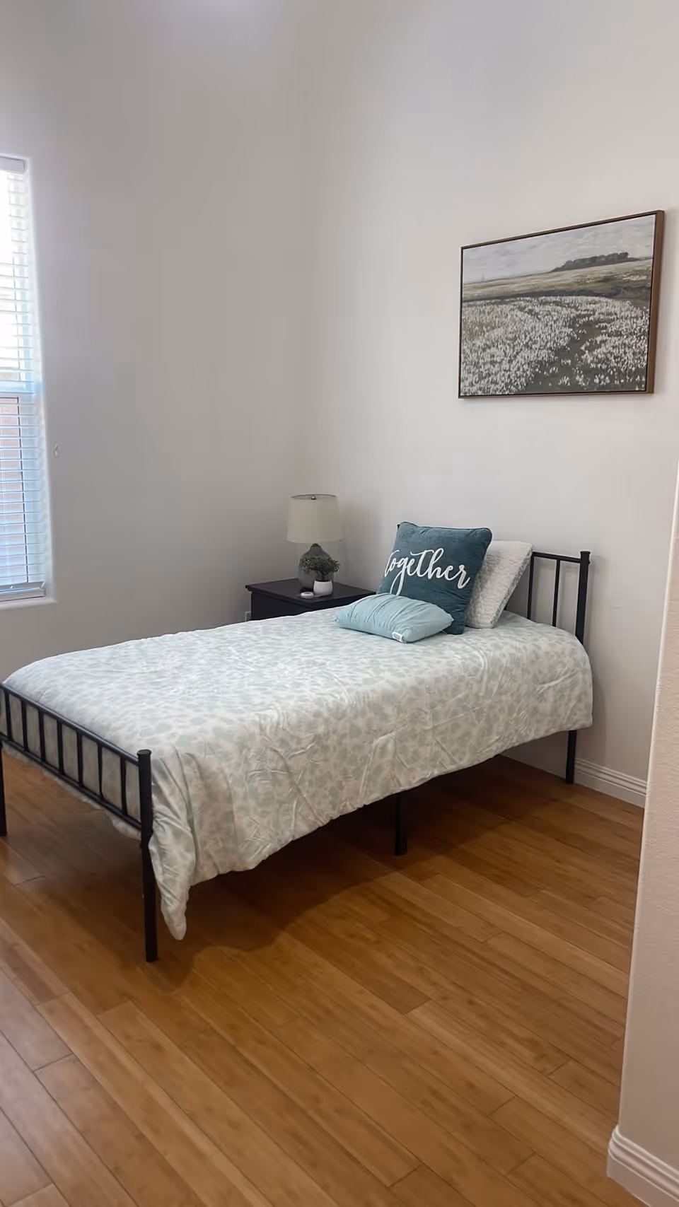 Small bedroom with a single metal-frame bed, bedside table and lamp, a window and framed wall art.