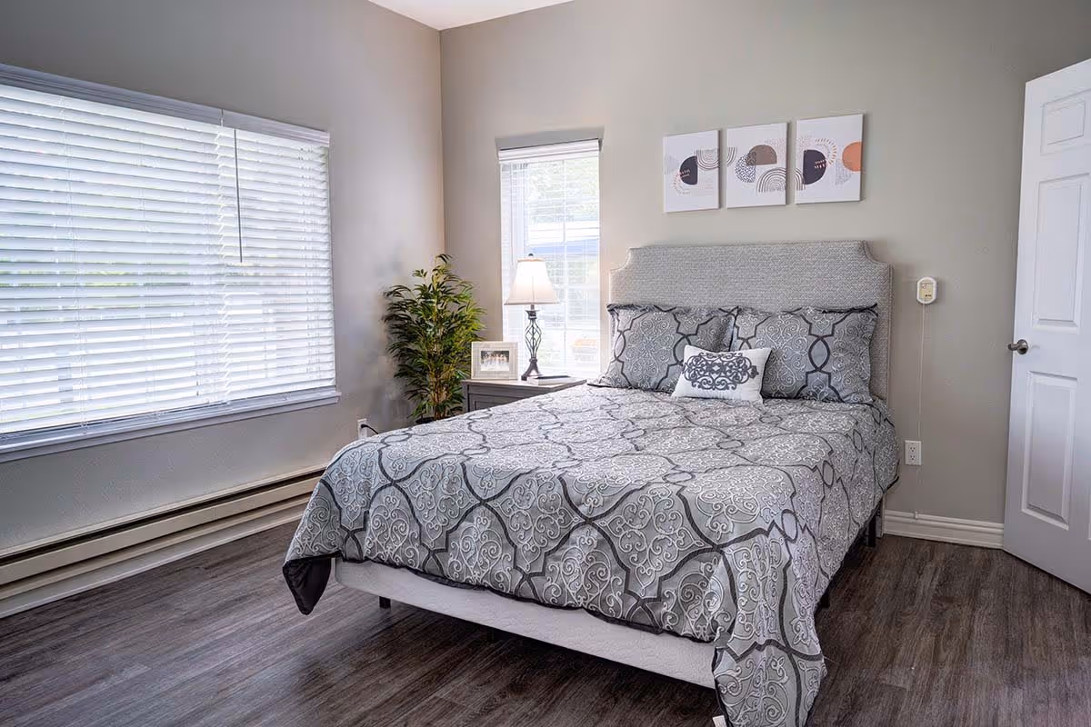 A neatly made bed with a patterned gray and white bedspread and matching pillows in a bedroom with light gray walls and wood flooring. There is a nightstand with a lamp and a framed photo next to the bed, a potted plant in the corner, two windows with white blinds, and three abstract art pieces hanging above the headboard.