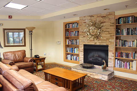 A cozy living room with brown leather sofas, a wooden coffee table, and a side table with a telephone. The room features a stone fireplace with a decorative sun sculpture above it, flanked by built-in bookshelves filled with books. A floor lamp and framed artwork are visible on the wall, and the floor is covered with a patterned carpet.