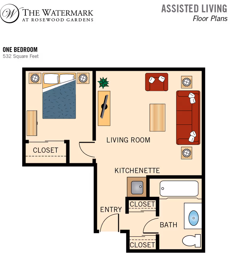 Floor plan of a one-bedroom assisted living apartment at The Watermark at Rosewood Gardens, showing a bedroom with a bed and two nightstands, a living room with a sofa, armchair, coffee table, TV, and plant, a kitchenette with a sink, an entry area, a bathroom with a bathtub, sink, and toilet, and three closets.