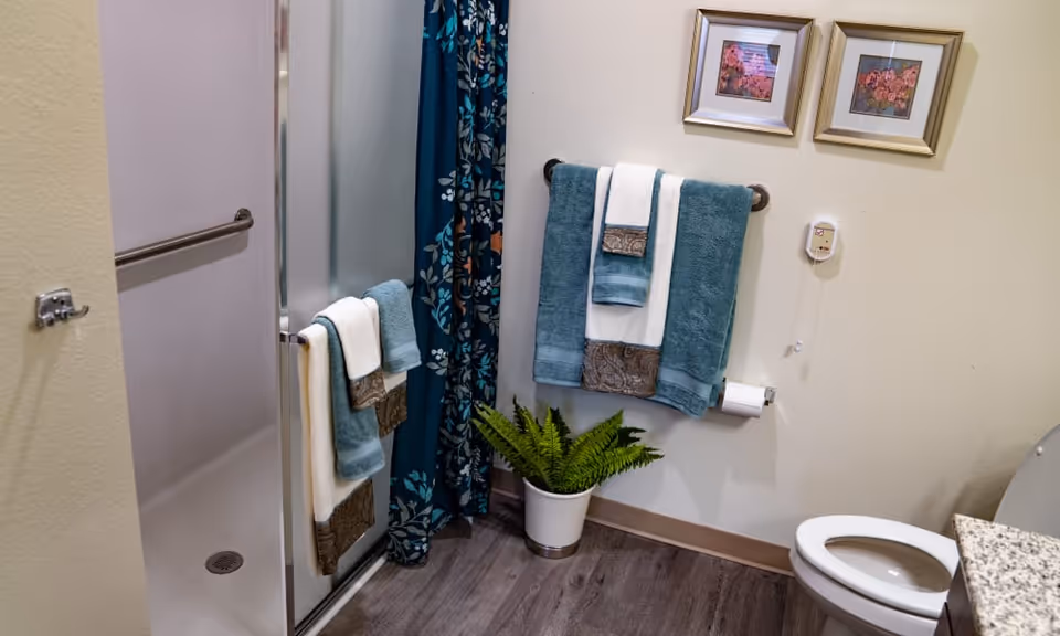Bathroom featuring a walk-in shower with glass door, teal and white towels on racks, a potted fern, framed wall art, and a toilet.