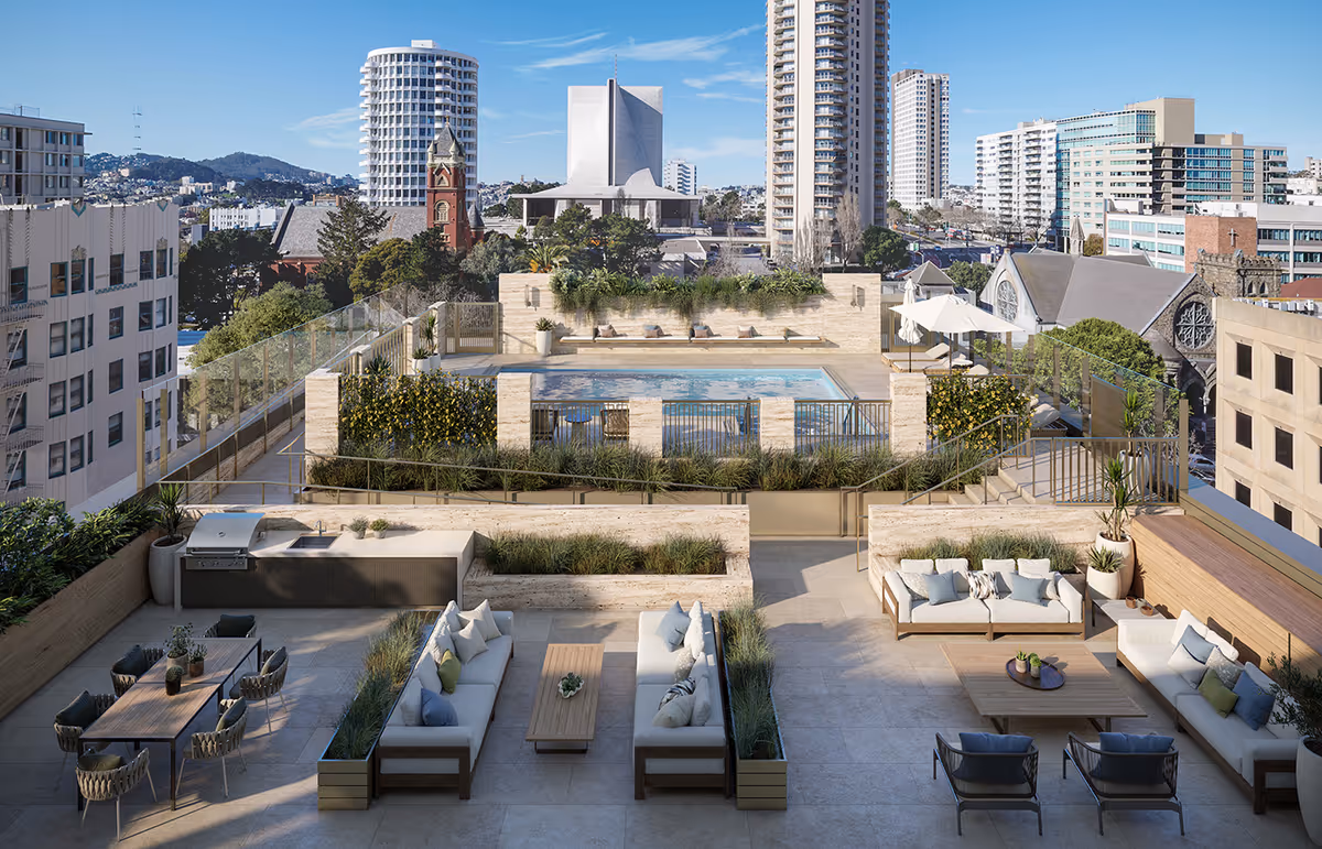 Rooftop outdoor lounge area with modern seating arrangements including sofas, chairs, and tables. There is a built-in grill and sink on the left side. In the background, there is a swimming pool with lounge chairs and umbrellas. The area is surrounded by glass railings and greenery, with a cityscape of tall buildings and a clear blue sky in the distance.