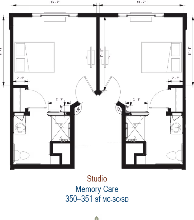 Architectural floor plan of two adjacent studio memory care units, each with a bedroom, bathroom, and closet. The layout includes measurements for room dimensions and door widths.