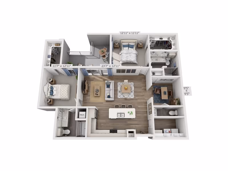 3D rendered floor plan of an apartment showing two bedrooms, two bathrooms, an open kitchen with island, living area and balcony.