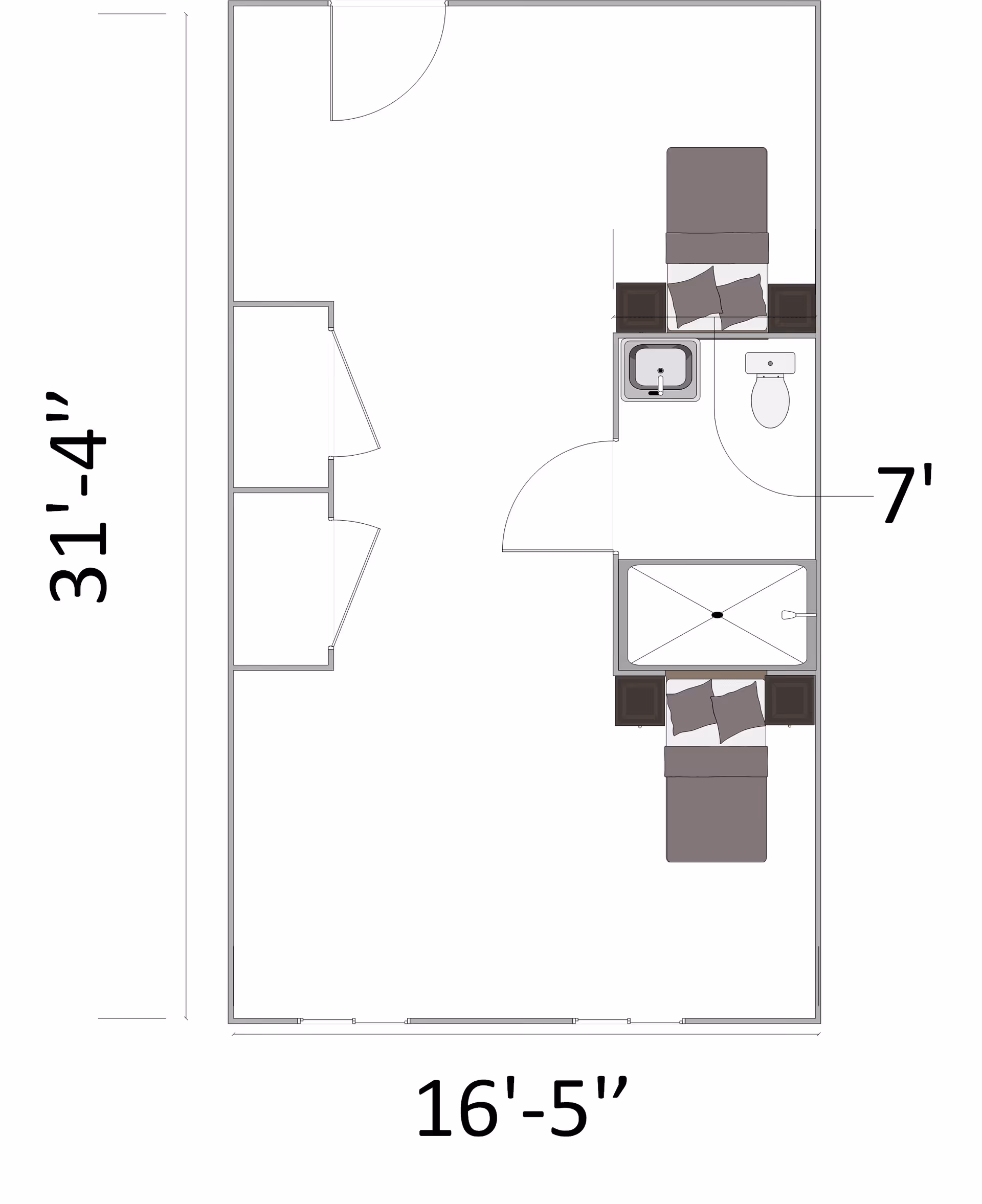 Architectural floor plan of a small living space featuring two single beds, a bathroom with a sink, toilet, and shower, and a closet area. Dimensions are labeled as 31 feet 4 inches by 16 feet 5 inches, with the bathroom width marked as 7 feet.