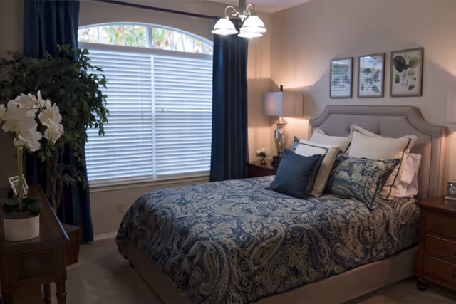 A cozy bedroom with a large bed covered in a blue and beige paisley patterned comforter and multiple pillows. The room features a large window with white blinds and dark blue curtains, a bedside table with a lamp, and framed botanical artwork on the wall above the bed. There is also a potted plant and a small table with a white orchid on it.