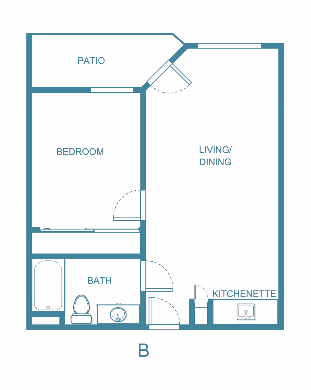 Floor plan layout of a living space at Solista Orem featuring a bedroom, bath, living/dining area, kitchenette, and a patio.