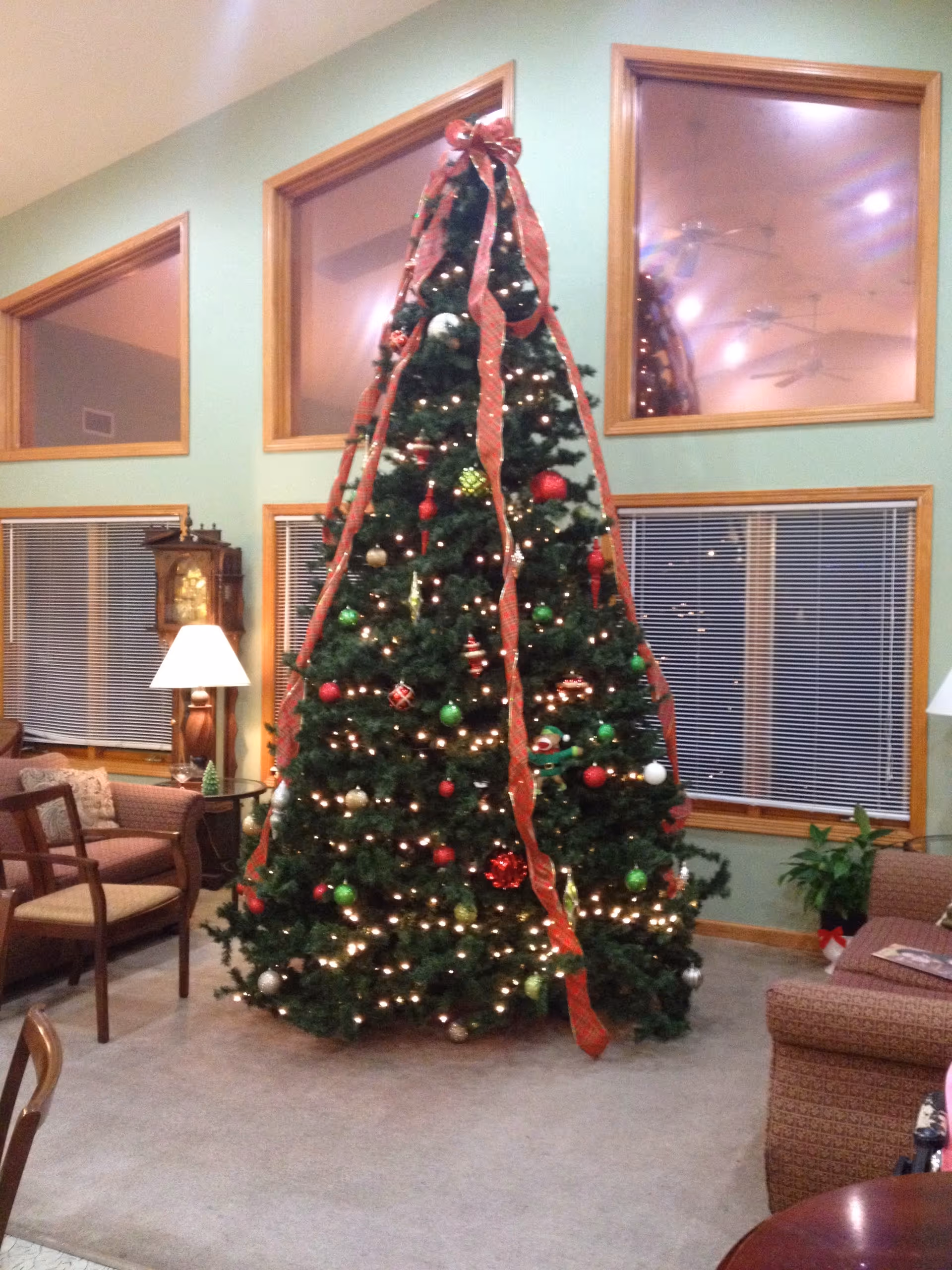 Large decorated Christmas tree with lights and red ribbon in a cozy lounge area with chairs, lamps, and windows.