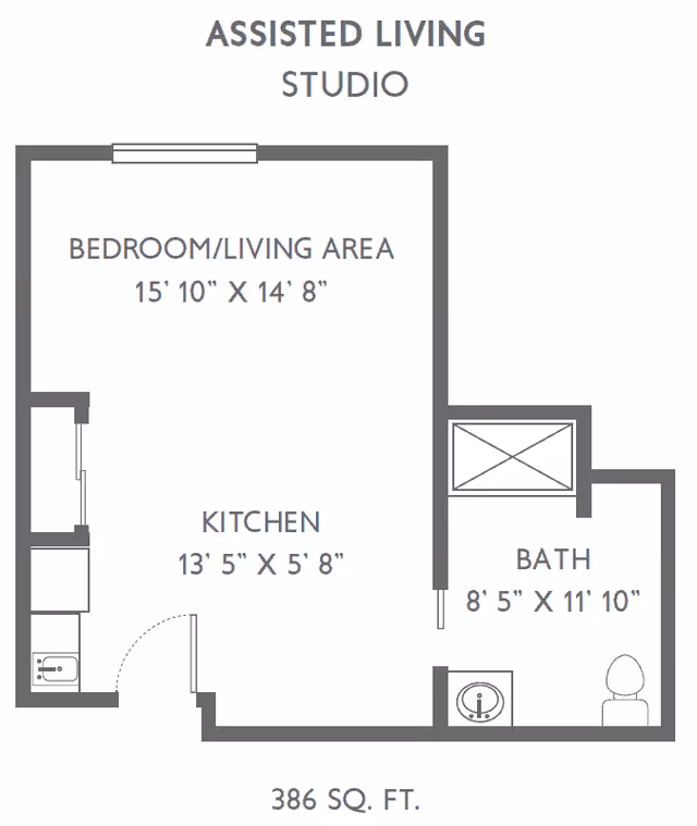 Floor plan of an assisted living studio apartment at Traditions at Hunter Station showing a bedroom/living area measuring 15 feet 10 inches by 14 feet 8 inches, a kitchen measuring 13 feet 5 inches by 5 feet 8 inches, and a bathroom measuring 8 feet 5 inches by 11 feet 10 inches, with a total area of 386 square feet.