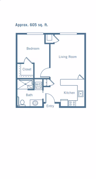 Floor plan of a 605 square foot apartment with a bedroom, closet, bathroom, living room, kitchen, entry, and washer/dryer area.