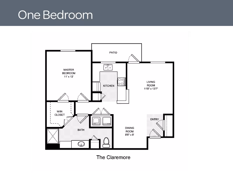 Floor plan of a one-bedroom apartment named The Claremore, showing a master bedroom, walk-in closet, bathroom, kitchen, dining room, living room, entry, and patio.