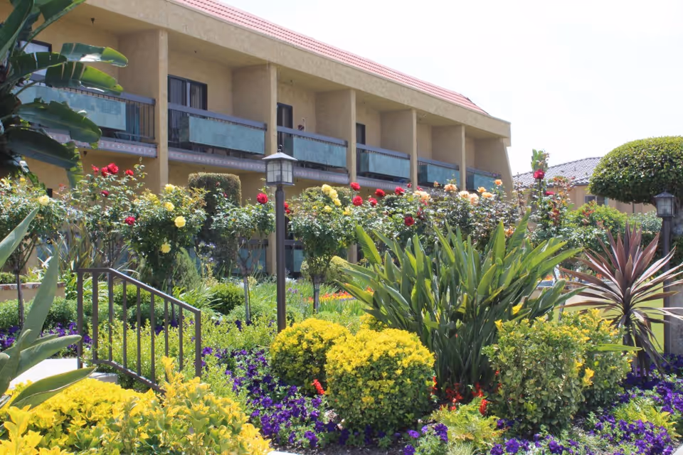 A vibrant garden area in front of a two-story building with balconies. The garden features a variety of colorful flowers, bushes, and plants, including red, yellow, and purple blooms. There are also lamp posts and a small railing visible among the greenery.