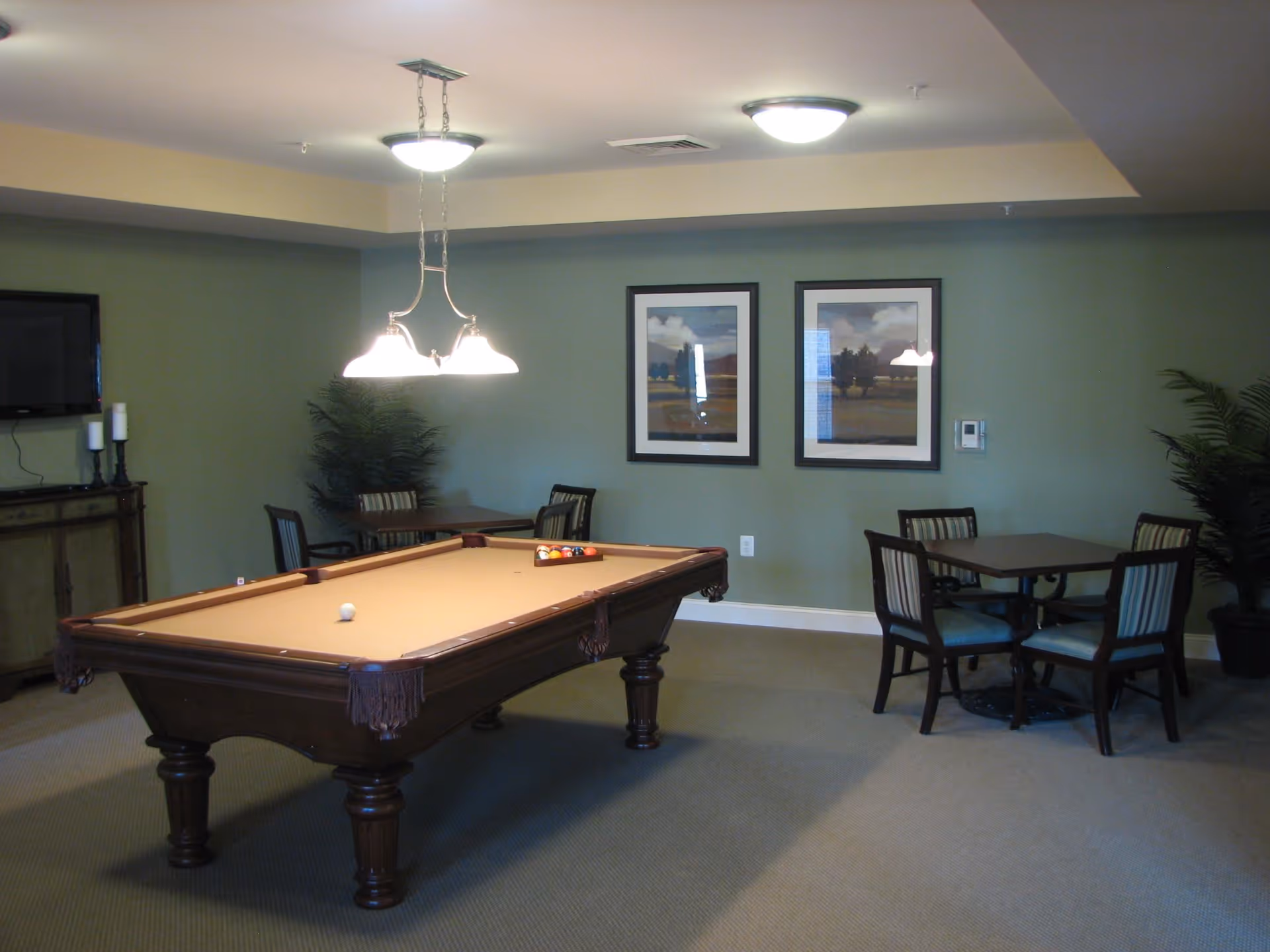 A recreational room with a pool table in the center, a hanging light fixture above it, two framed landscape paintings on a green wall, a small table with four chairs, a TV mounted on the wall, and decorative plants in the corners.