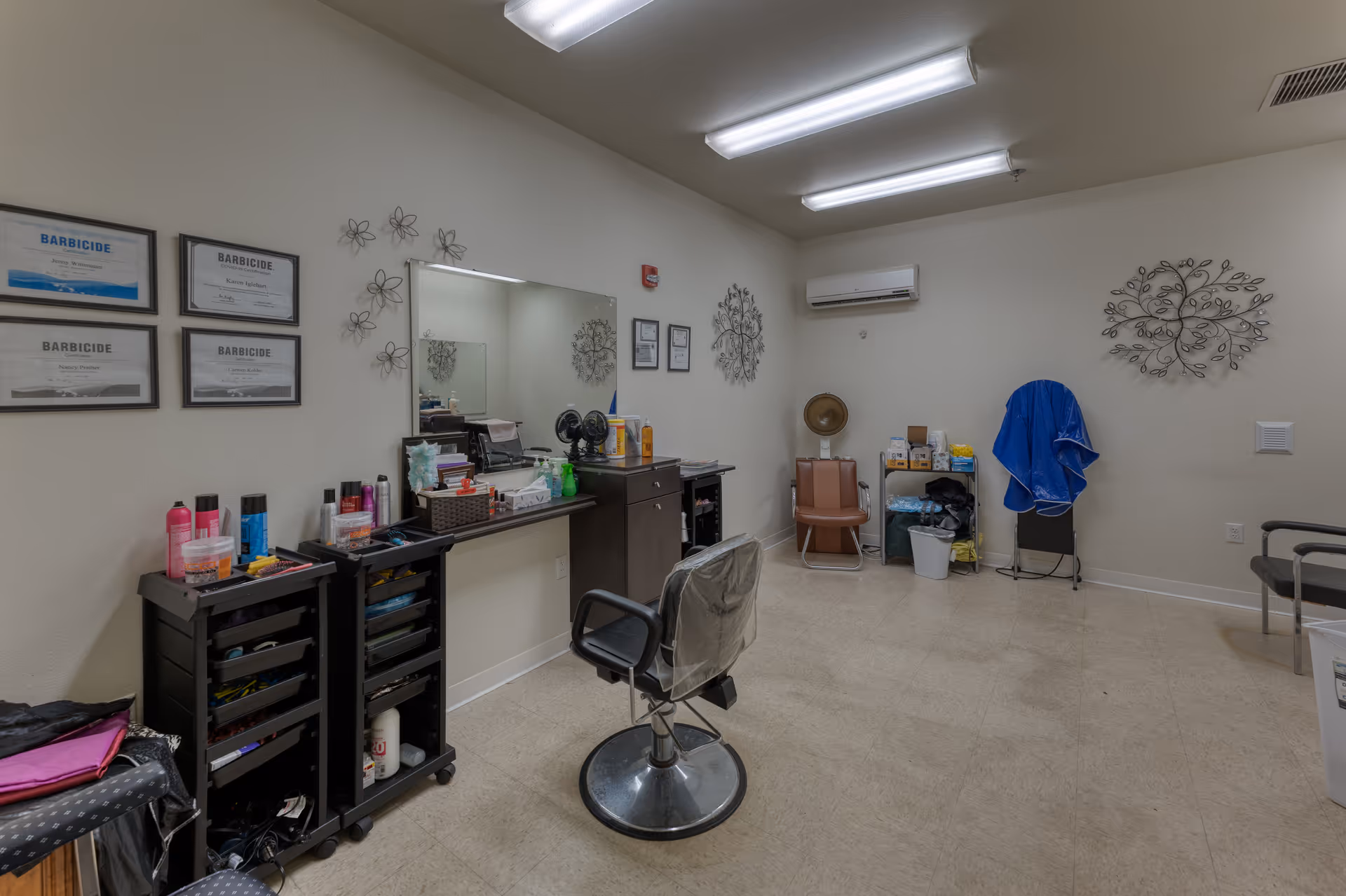 Interior view of a hair salon area within a senior living facility, featuring a salon chair in front of a large mirror, hair care products on a counter and rolling carts, certificates on the wall, decorative metal wall art, and additional chairs and equipment in the background.