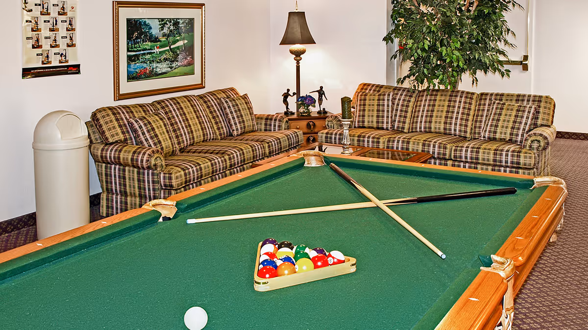 A recreational room with a green pool table in the foreground, two plaid sofas against the wall, a side table with a lamp and decorative figurines, a large potted plant, a framed picture on the wall, and a trash can in the corner.