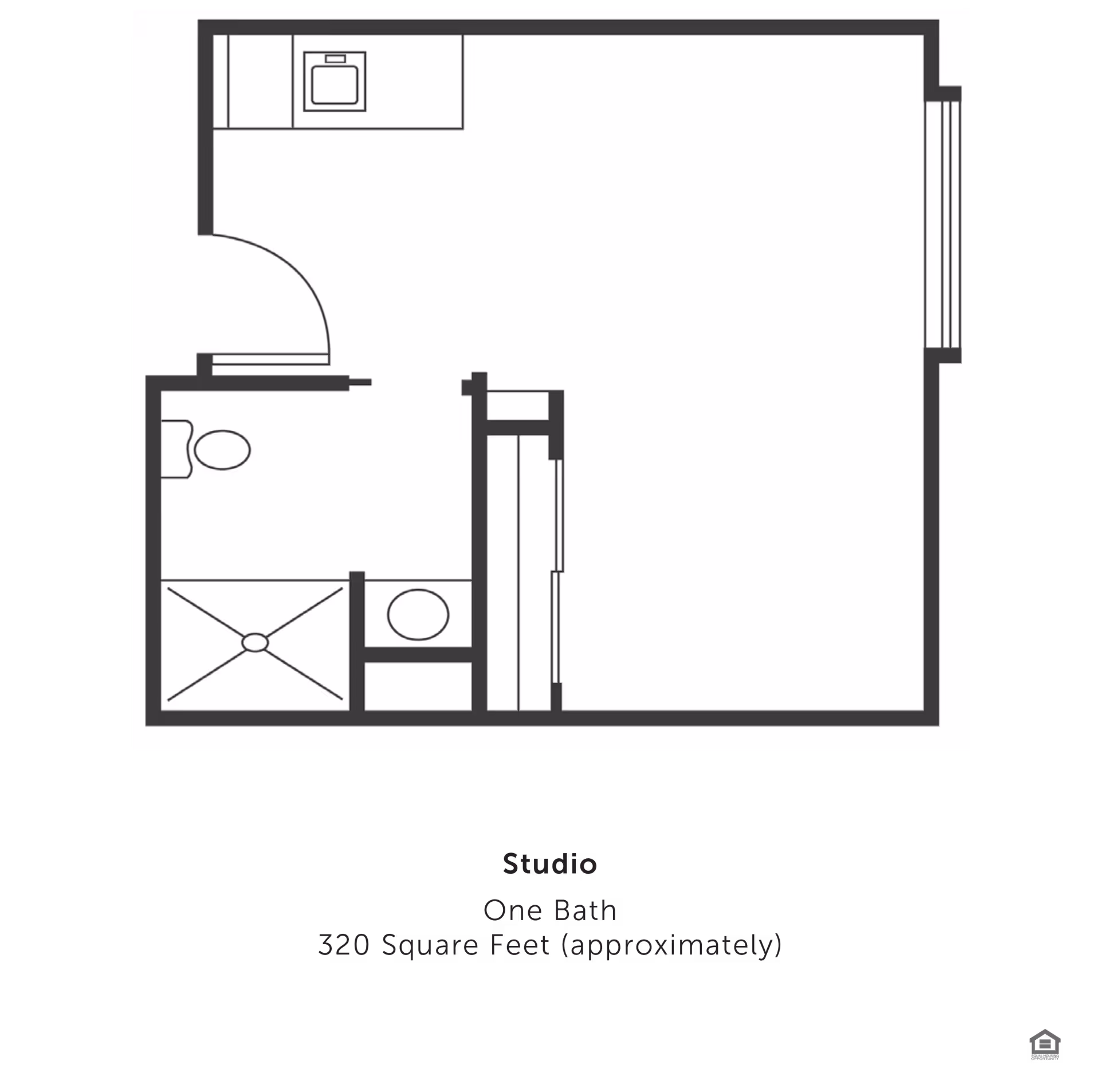Black-and-white floor plan of a studio apartment showing a kitchenette, bathroom with shower and toilet, and an open living area labeled as a studio one-bath approx. 320 square feet.