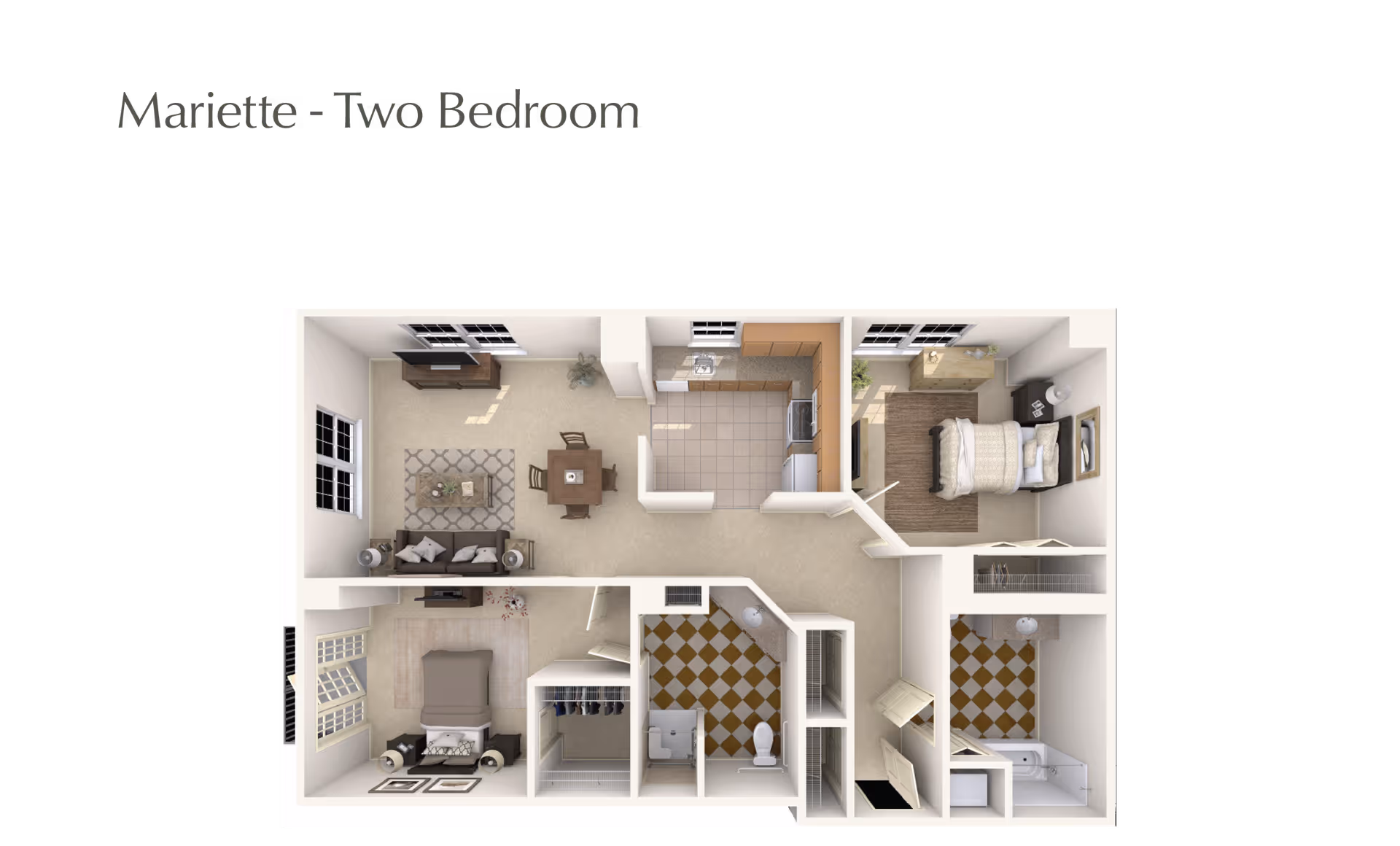 Top-down view of a two-bedroom apartment floor plan named Mariette. The layout includes a living room with a sofa and TV, a dining area with a table and chairs, a kitchen with appliances, two bedrooms with beds and furniture, and two bathrooms with tiled floors.