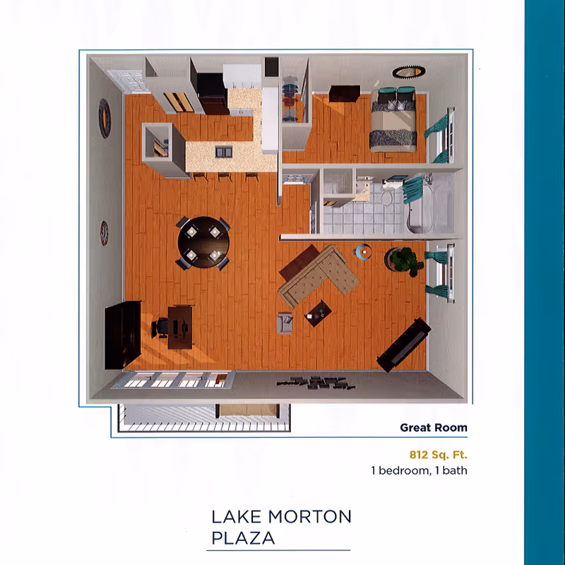 Top-down floor plan rendering of an 812 sq. ft. one-bedroom, one-bath apartment showing a great room with living and dining areas, kitchen, bedroom, and bathroom.