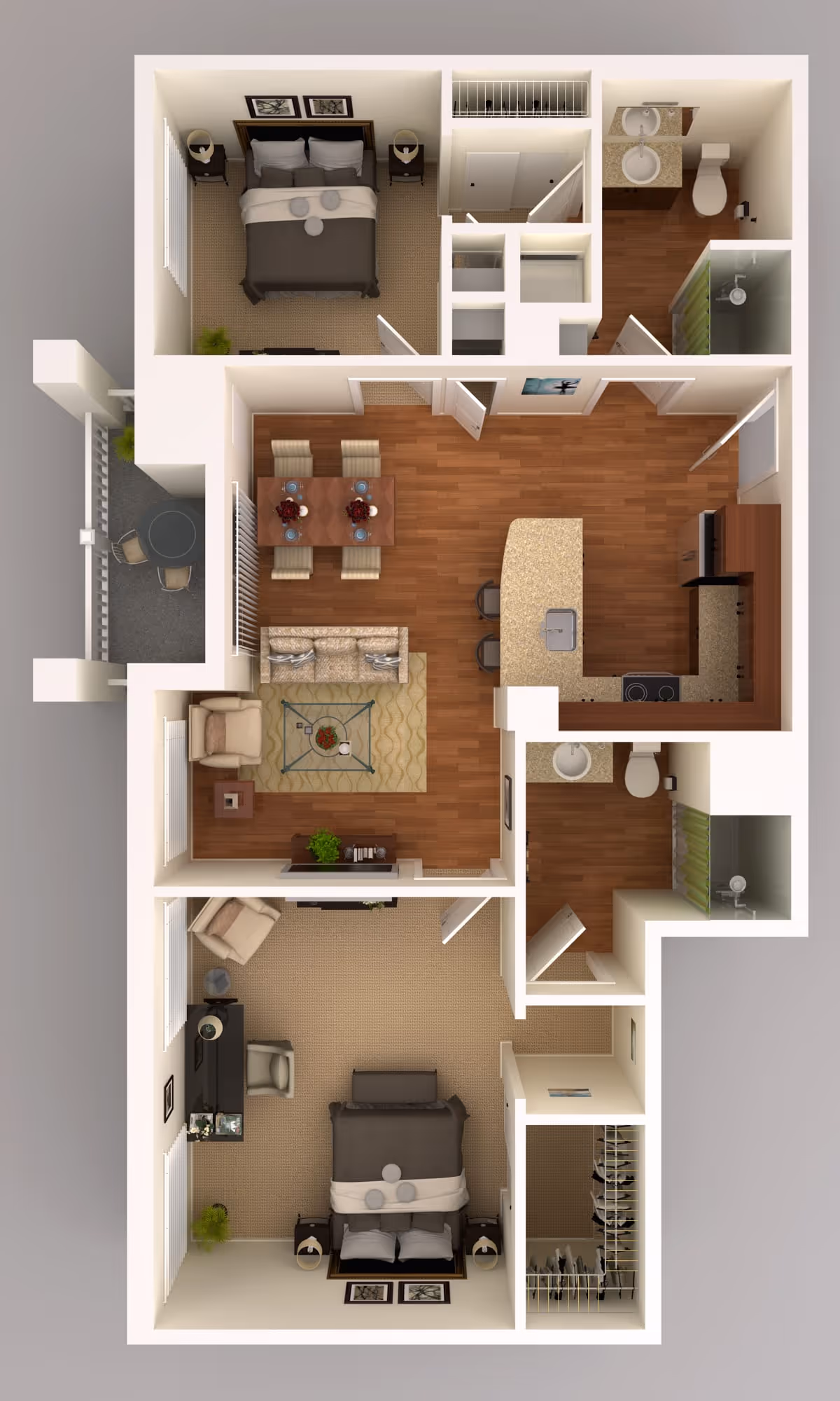 3D floor plan of a senior living apartment at Silver Glen Senior Living showing two bedrooms, two bathrooms, a kitchen with an island, a dining area, a living room, and a balcony with outdoor seating.