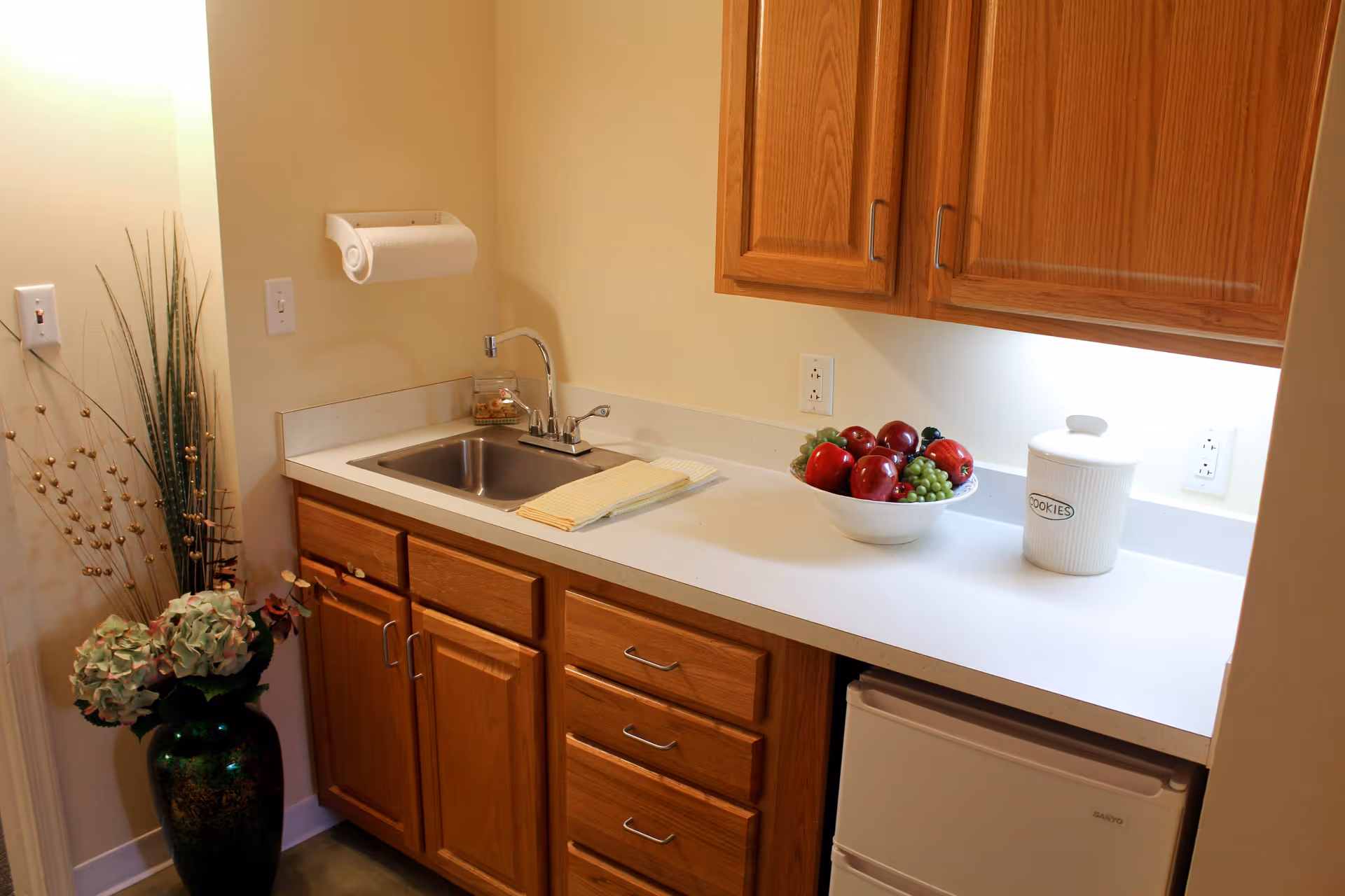 A small kitchen area with wooden cabinets, a stainless steel sink, a white countertop, a bowl of assorted fruits, a white cookie jar, and a green vase with decorative plants placed on the floor.