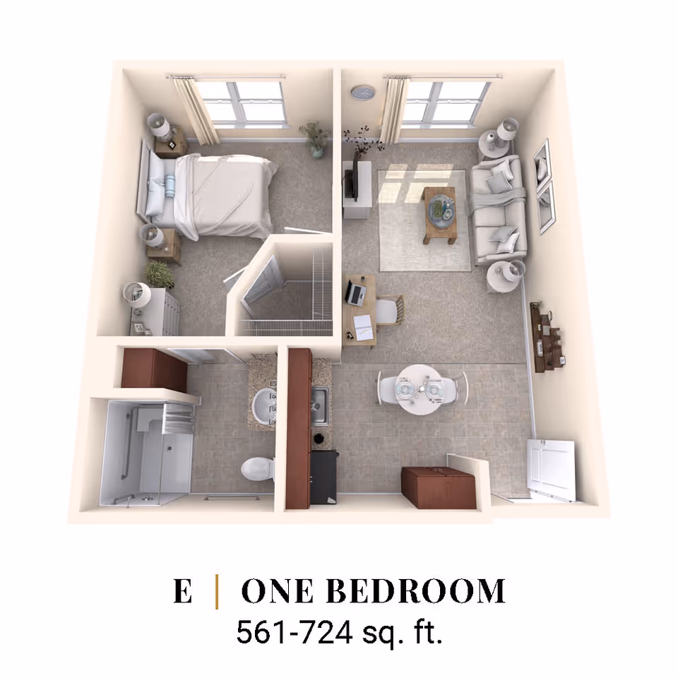 3D floor plan of a one-bedroom apartment showing a bedroom with a bed and nightstands, a living room with a sofa, coffee table, TV, and desk, a kitchen with a dining table and chairs, and a bathroom with a shower, toilet, and sink.