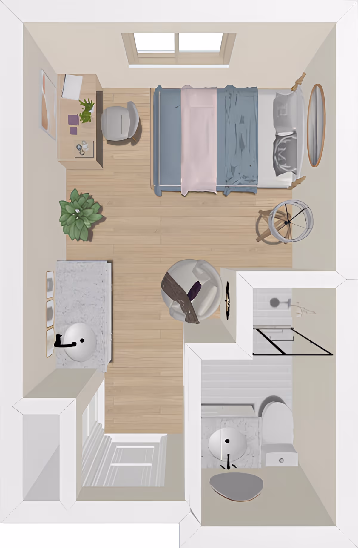 Top-down view of a small bedroom with a bed, desk and chair, a round armchair, a plant, and a window. Attached to the bedroom is a bathroom with a sink, toilet, and shower area.