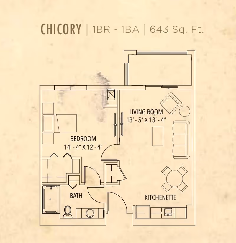 Floor plan of a one-bedroom, one-bathroom apartment named Chicory with 643 square feet. It includes a bedroom measuring 14 feet 4 inches by 12 feet 4 inches, a living room measuring 13 feet 5 inches by 13 feet 4 inches, a bathroom, and a kitchenette. The layout shows furniture placement including a bed, sofa, chairs, and a dining table.