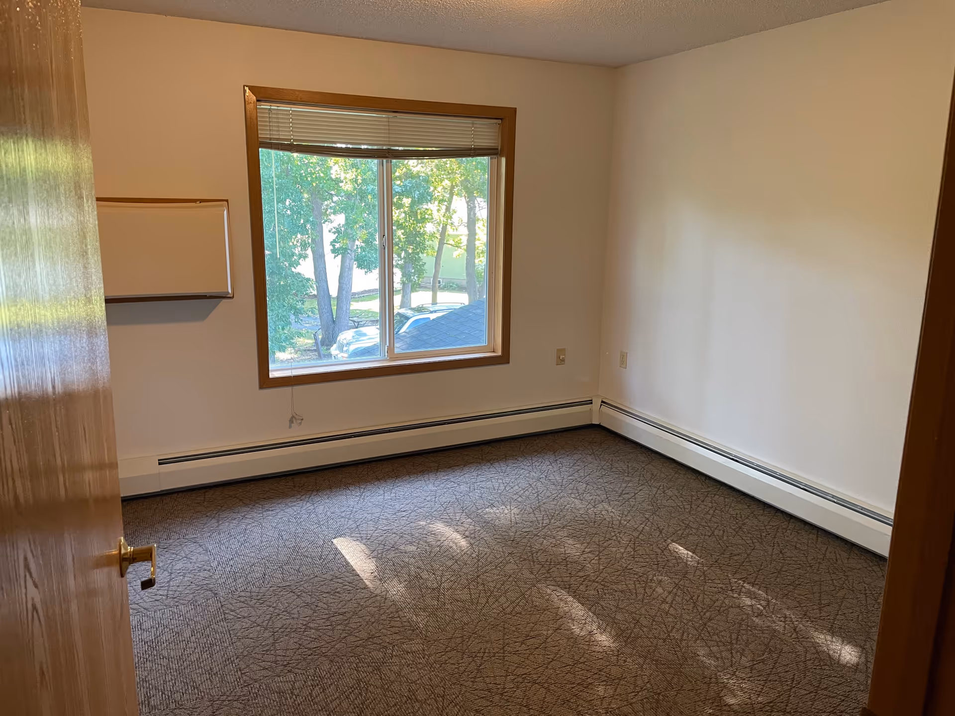 Empty room with beige walls, a large window with a view of trees and parked cars outside, carpeted floor, and a wooden door partially open.