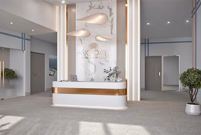 Modern and spacious reception area of Big Oak Rehab & Care Center featuring a white and gold reception desk, decorative hanging lights, potted plants, and a marble accent wall with the facility's name and logo.