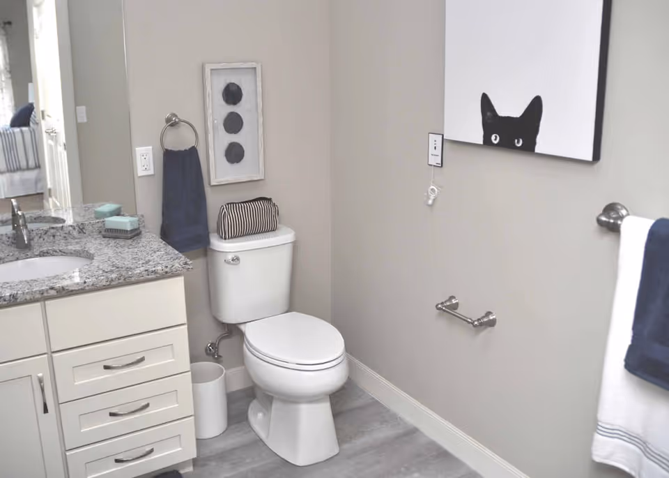 A clean and modern bathroom featuring a white toilet with a striped toiletry bag on top, a granite countertop with a sink, a navy blue hand towel hanging on a ring, and a white towel with a navy blue towel on a bar. The walls are light gray with a framed artwork of a black cat peeking from the bottom right corner.