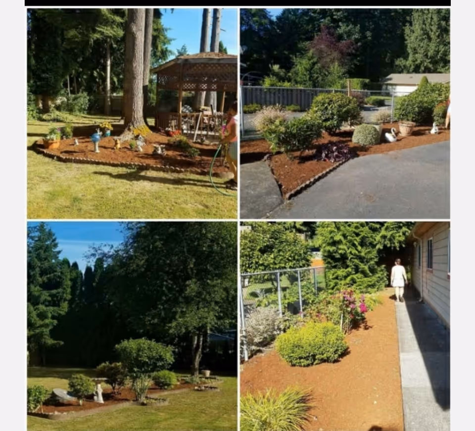 A collage of four images showing different landscaped garden areas with various plants, bushes, and trees. One image shows a gazebo with outdoor furniture, another shows a paved area with garden beds, and another shows a person walking along a garden path beside a building.