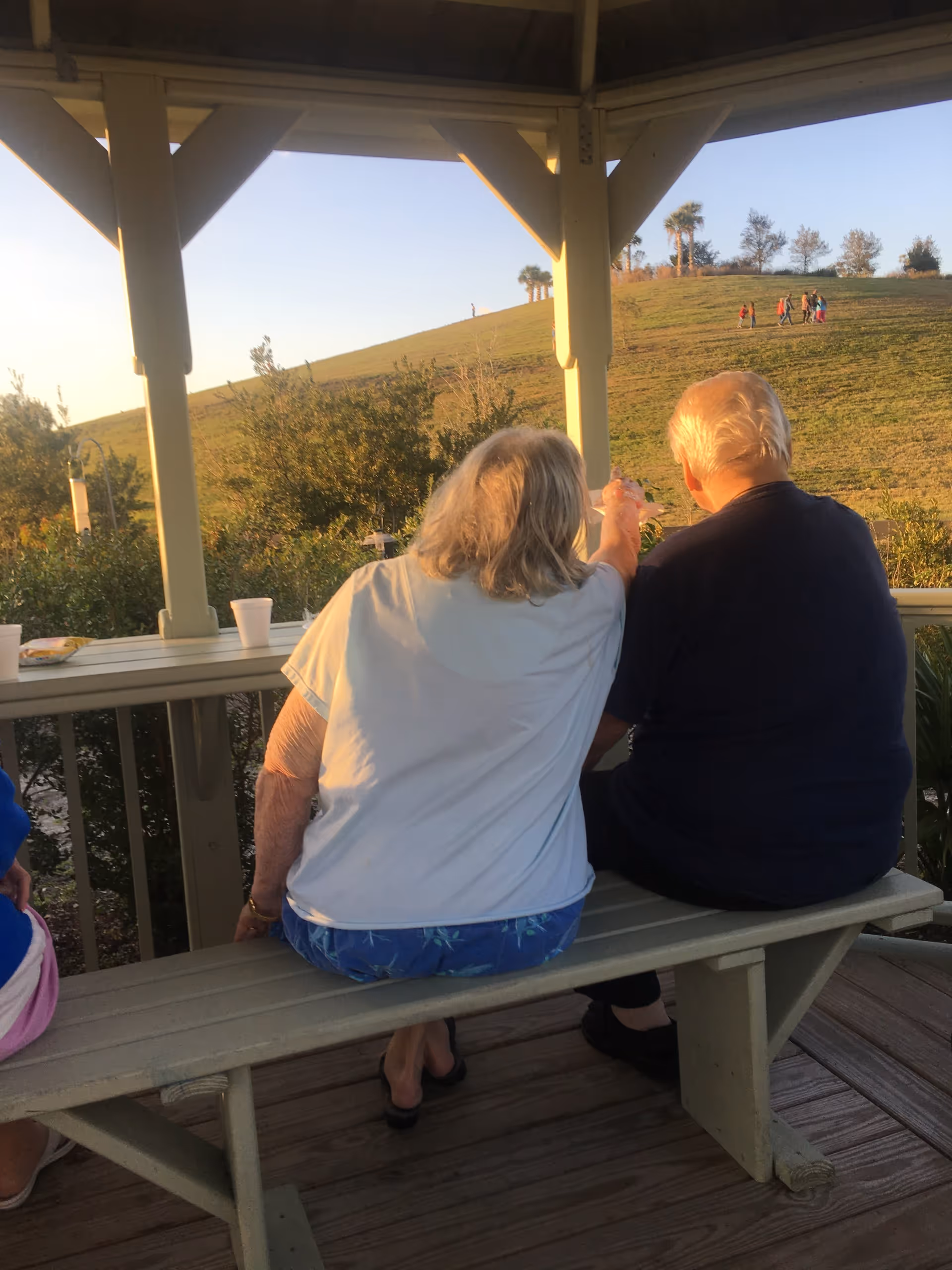 Two elderly people sitting on a wooden bench under a covered outdoor pavilion, looking out at a grassy hill with a few trees and a group of people walking in the distance during sunset.
