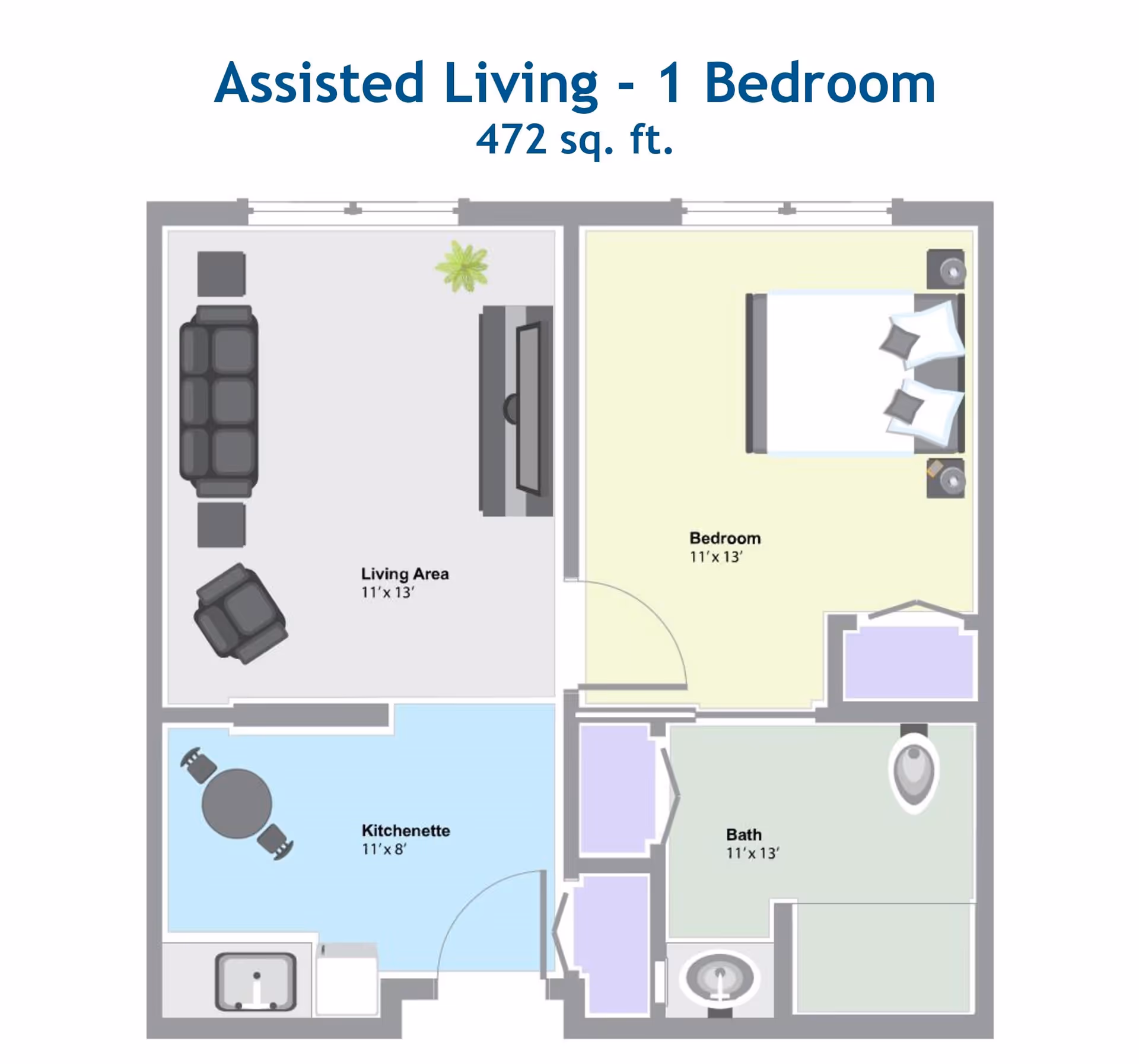 Floor plan of an assisted living 1 bedroom apartment with 472 square feet. The layout includes a living area with a sofa, chair, and TV, a bedroom with a bed and nightstands, a kitchenette with a table and chairs, and a bathroom with a sink, toilet, and shower.
