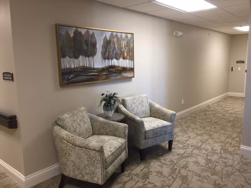 Two patterned armchairs and a small side table with a plant sit against a hallway wall beneath a framed landscape painting.