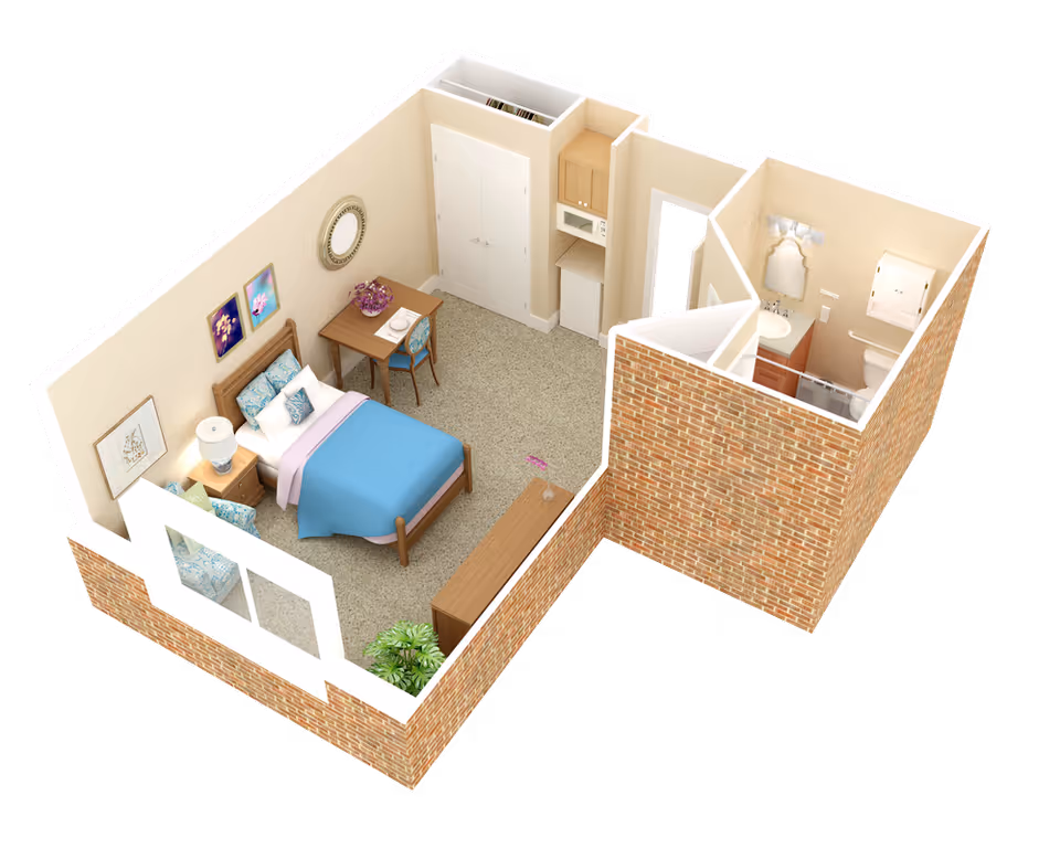 3D floor plan of a studio apartment with a bedroom area featuring a bed, nightstand with lamp, small table with two chairs, and a small kitchenette. There is a separate bathroom with a sink, toilet, and shower. The room has beige walls, carpeted floor, and a window with a plant outside.