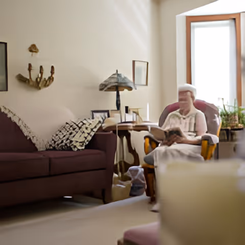 A cozy living room with a maroon sofa adorned with a patterned throw blanket, a wooden side table with a decorative lamp, and a person sitting in an armchair reading a book near a window with natural light and some plants on the windowsill.