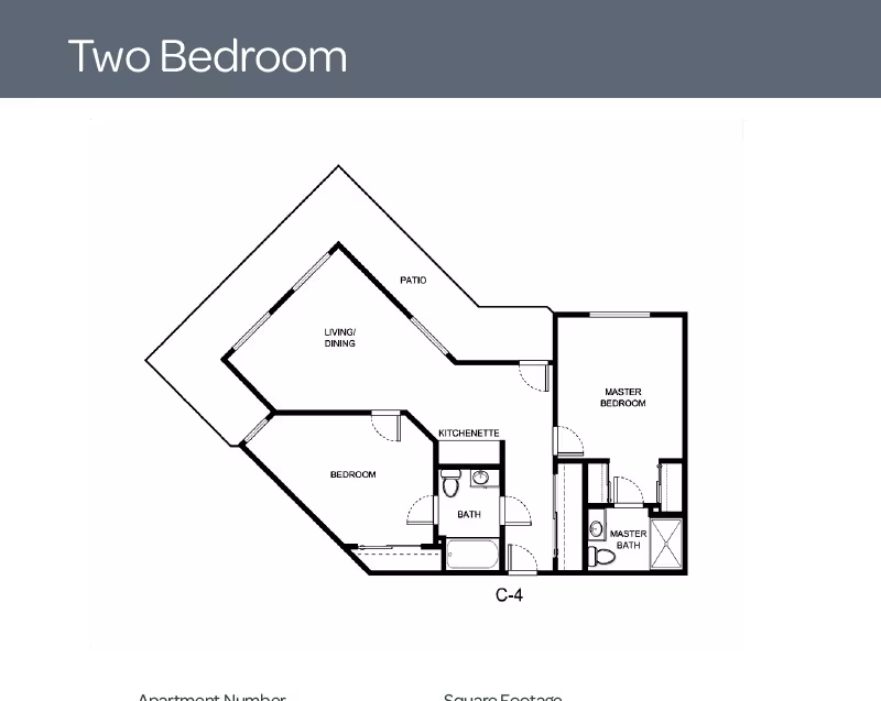 Floor plan layout of a two-bedroom apartment at Smoky Springs by Barclay House, showing a living/dining area with patio access, a kitchenette, a bedroom, a bathroom, a master bedroom with a master bath, and labeled doors and walls.