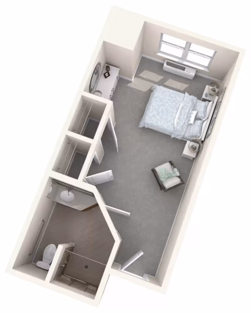 3D floor plan of a small apartment unit featuring a bedroom with a bed, two nightstands, a chair, a dresser with a mirror, and a window. Adjacent to the bedroom is a bathroom with a toilet, sink, and shower. There are two closets between the bedroom and bathroom.