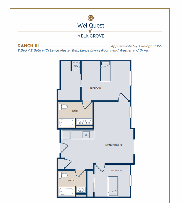 Floor plan for WellQuest of Elk Grove showing the Ranch III two-bedroom, two-bath apartment layout with living/dining area and fixtures.