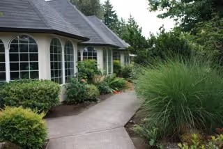 A paved walkway leading alongside a building with large arched windows, surrounded by well-maintained green shrubs and tall grasses under a cloudy sky.