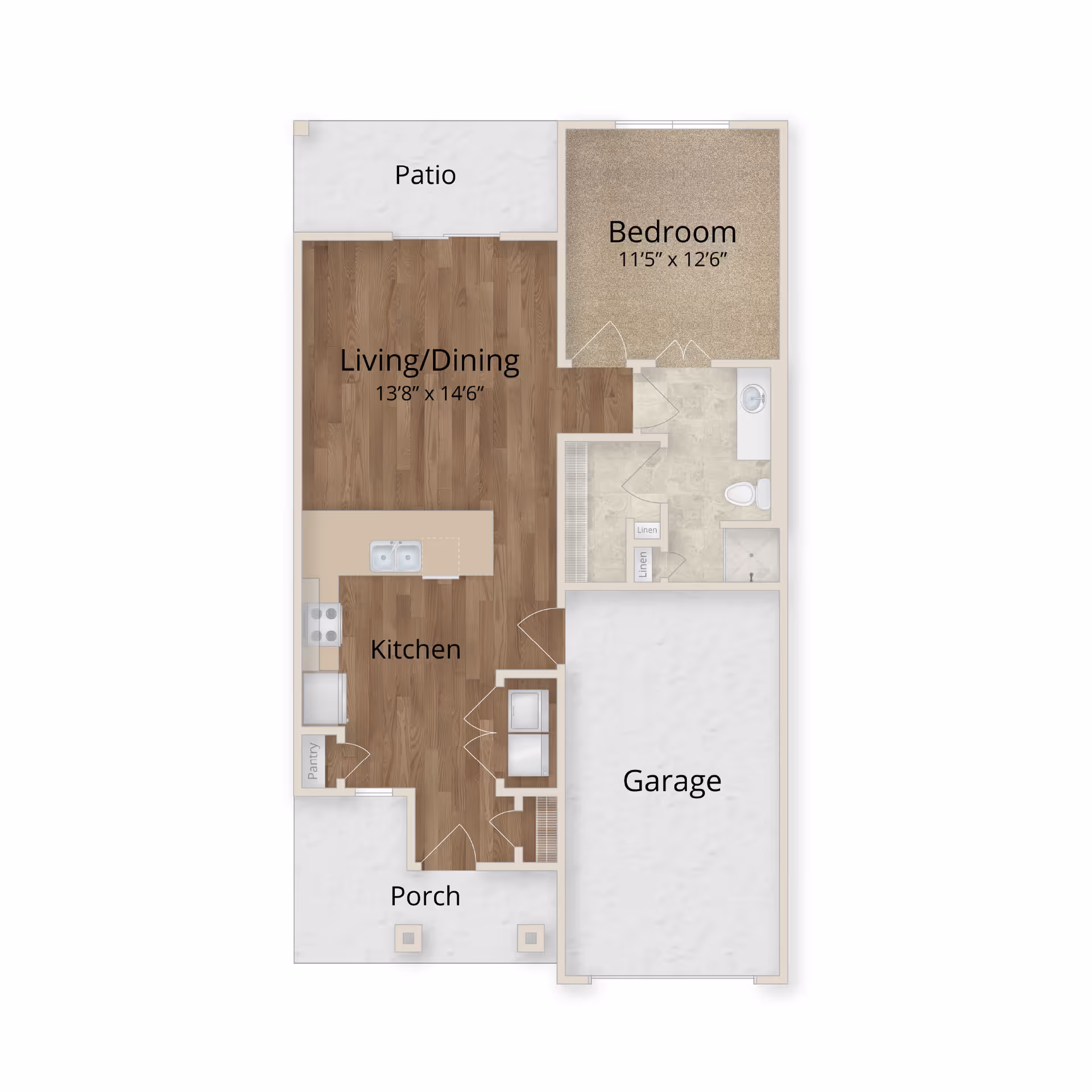 Floor plan of a single-story living space including a porch, kitchen with pantry, living/dining area, bedroom, bathroom with linen closets, garage, and a patio.