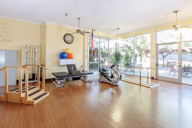 Bright physical therapy/exercise room with equipment including parallel bars, therapy steps, exercise bike, and exercise balls beside large windows overlooking an outdoor patio.