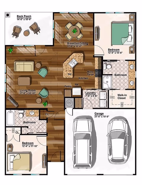 Architectural floor plan of a single-story home showing two bedrooms, two bathrooms, a living room, kitchen with breakfast/sitting area, laundry room, walk-in closet, back porch, and a two-car garage. The layout includes furniture placement and room dimensions.