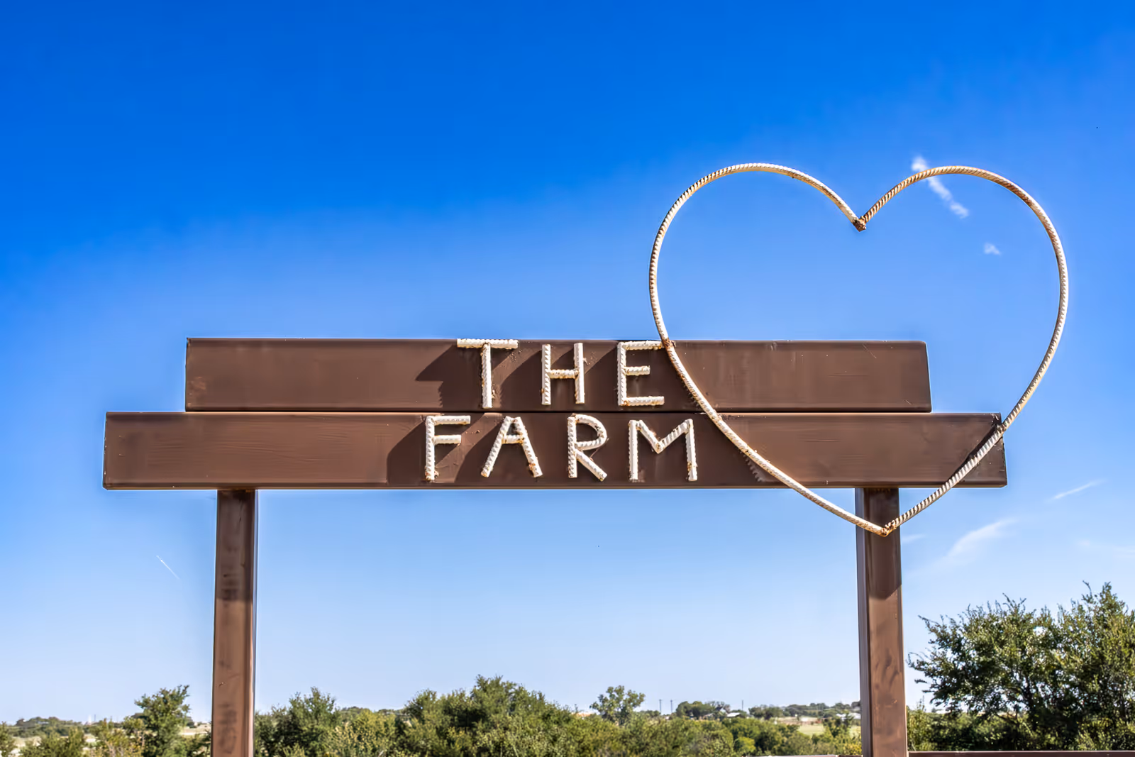 A wooden sign with the words 'THE FARM' spelled out in rope, accompanied by a large heart shape made of rope on the right side, set against a clear blue sky with some greenery visible below.