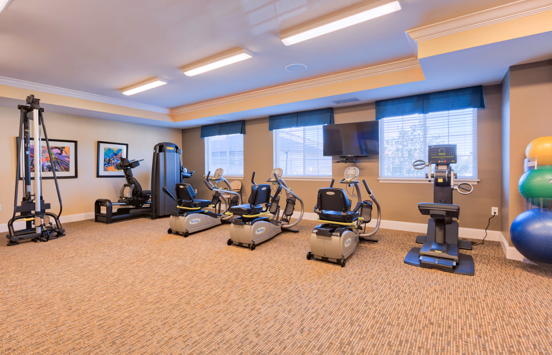 A senior living facility fitness room with exercise equipment including recumbent bikes, elliptical machines, a multi-use weight machine, and large exercise balls stacked in the corner. The room has beige walls, carpeted floor, three windows with blue valances, and a wall-mounted TV.