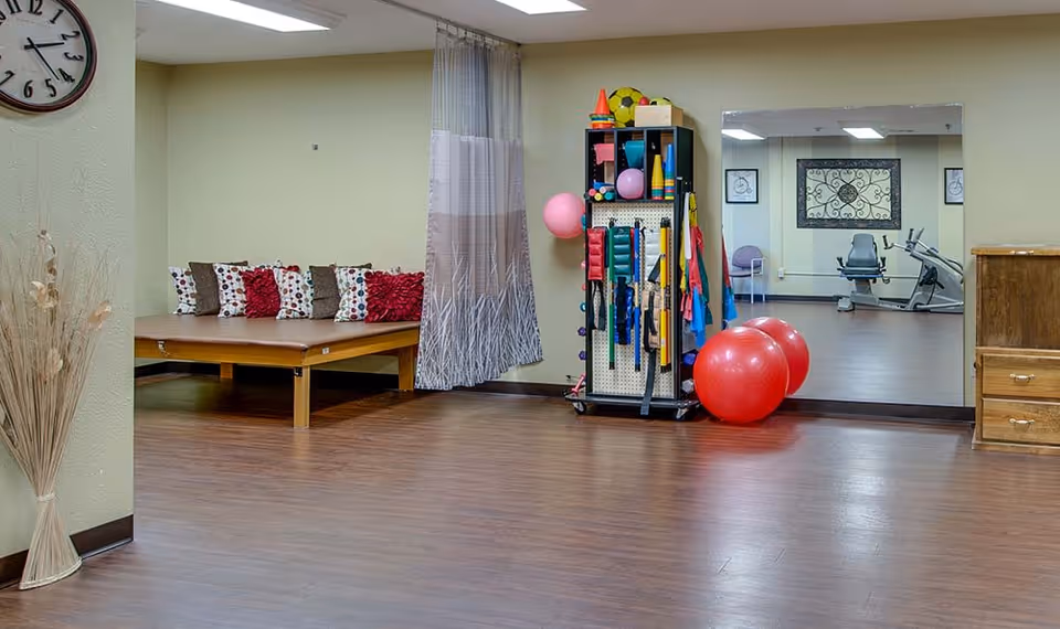 A spacious room with wooden flooring featuring a seating area with a wooden platform and decorative pillows, a rack holding various exercise equipment including balls and resistance bands, a large mirror on the wall reflecting exercise machines, and a wall clock showing the time as 10:10.
