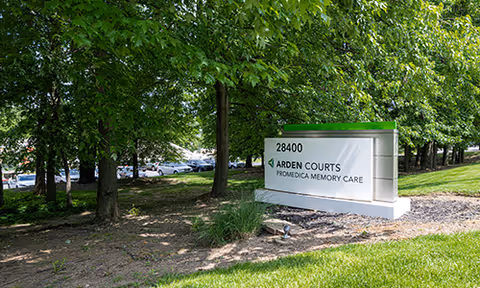 Outdoor view of a sign for Arden Courts ProMedica Memory Care Community located on a grassy area with trees and a parking lot in the background.